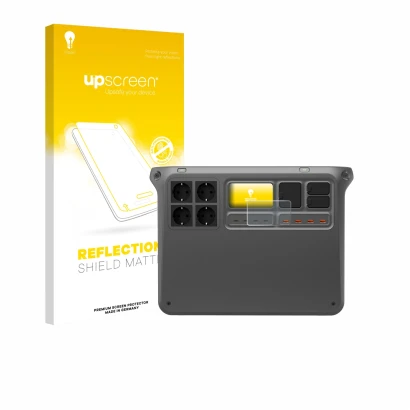 Parte frontale di una confezione del prodotto con il logo del marchio upscreen. Accanto è raffigurato il dispositivo DJI Power