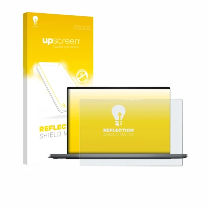 Parte frontale di una confezione del prodotto con il logo del marchio upscreen. Accanto è raffigurato il dispositivo Dell XPS 