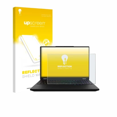 Parte frontale di una confezione del prodotto con il logo del marchio upscreen. Accanto è raffigurato il dispositivo XMG Apex 