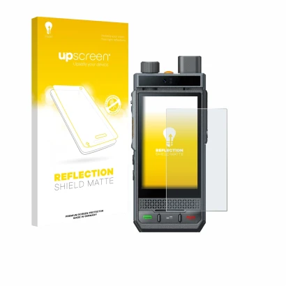 Parte frontale di una confezione del prodotto con il logo del marchio upscreen. Accanto è raffigurato il dispositivo Hytera P6