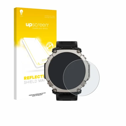 Parte frontale di una confezione del prodotto con il logo del marchio upscreen. Accanto è raffigurato il dispositivo Huami Ama