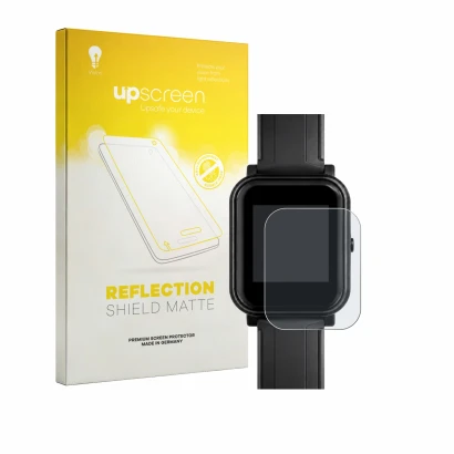 Parte frontale di una confezione del prodotto con il logo del marchio upscreen. Accanto è raffigurato il dispositivo Bangle.js