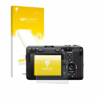 Parte frontale di una confezione del prodotto con il logo del marchio upscreen. Accanto è raffigurato il dispositivo Sony FX3A