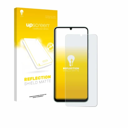 Parte frontale di una confezione del prodotto con il logo del marchio upscreen. Accanto è raffigurato il dispositivo Samsung G