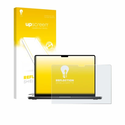 Parte frontale di una confezione del prodotto con il logo del marchio upscreen. Accanto è raffigurato il dispositivo Apple Mac