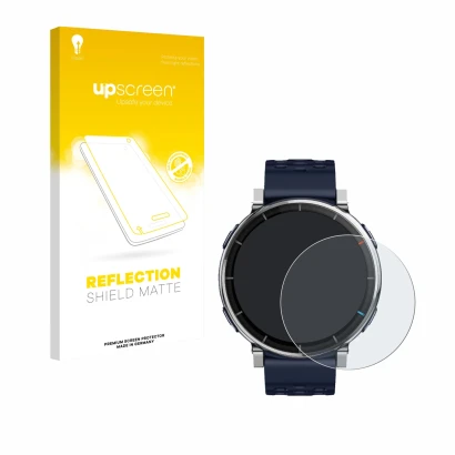 Parte frontale di una confezione del prodotto con il logo del marchio upscreen. Accanto è raffigurato il dispositivo Amazfit A
