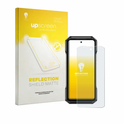 Parte frontale di una confezione del prodotto con il logo del marchio upscreen. Accanto è raffigurato il dispositivo Ulefone A