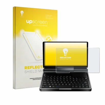 Parte frontale di una confezione del prodotto con il logo del marchio upscreen. Accanto è raffigurato il dispositivo GPD Micro