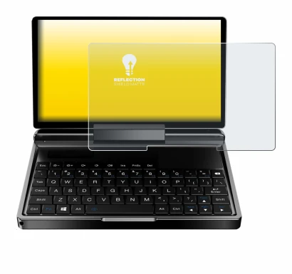 Immagine del dispositivo GPD MicroPC 2 con un'ampia varietà di protezioni per lo schermo.