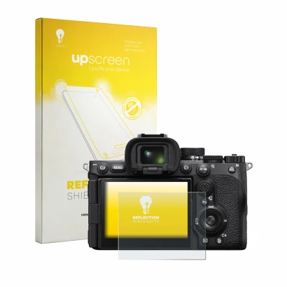 Parte frontale di una confezione del prodotto con il logo del marchio upscreen. Accanto è raffigurato il dispositivo Sony Alph