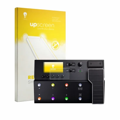 Parte frontale di una confezione del prodotto con il logo del marchio upscreen. Accanto è raffigurato il dispositivo Line 6 PO