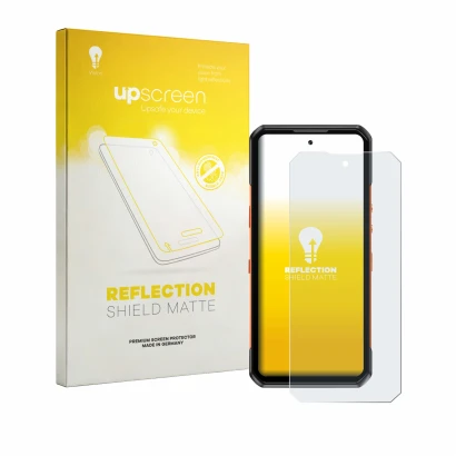 Parte frontale di una confezione del prodotto con il logo del marchio upscreen. Accanto è raffigurato il dispositivo Oukitel W