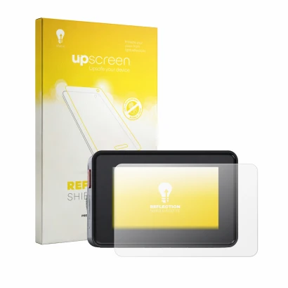 Parte frontale di una confezione del prodotto con il logo del marchio upscreen. Accanto è raffigurato il dispositivo Vantrue E