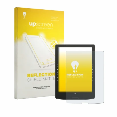 Parte frontale di una confezione del prodotto con il logo del marchio upscreen. Accanto è raffigurato il dispositivo inkBOOK S