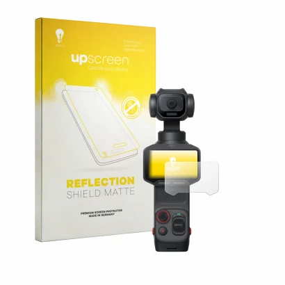 Parte frontale di una confezione del prodotto con il logo del marchio upscreen. Accanto è raffigurato il dispositivo Insta360