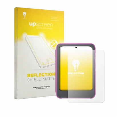Parte frontale di una confezione del prodotto con il logo del marchio upscreen. Accanto è raffigurato il dispositivo Amazon Ki
