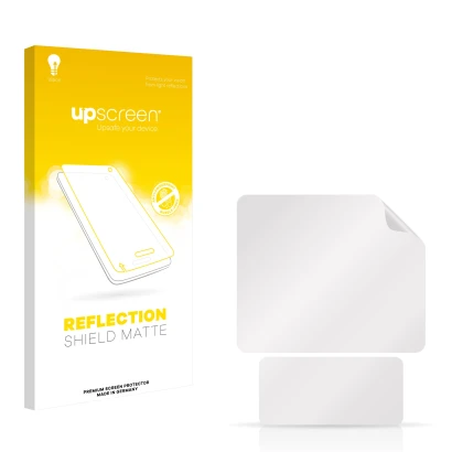 Parte frontale di una confezione del prodotto con il logo del marchio upscreen. Accanto si trova la protezione per lo schermo