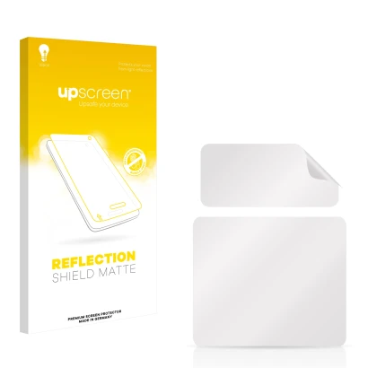Parte frontale di una confezione del prodotto con il logo del marchio upscreen. Accanto si trova la protezione per lo schermo 