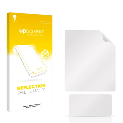 Parte frontale di una confezione del prodotto con il logo del marchio upscreen. Accanto si trova la protezione per lo schermo 