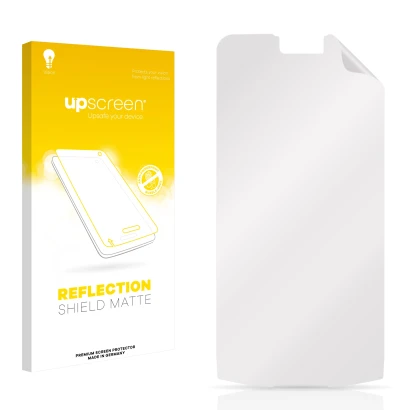 Parte frontale di una confezione del prodotto con il logo del marchio upscreen. Accanto si trova la protezione per lo schermo 