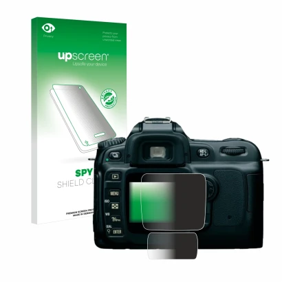 Parte frontale di una confezione del prodotto con il logo del marchio upscreen. Accanto è raffigurato il dispositivo Nikon D50