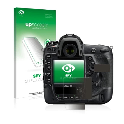 Parte frontale di una confezione del prodotto con il logo del marchio upscreen. Accanto è raffigurato il dispositivo Nikon D5