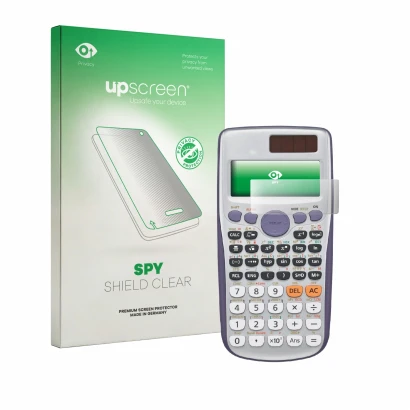 Parte frontale di una confezione del prodotto con il logo del marchio upscreen. Accanto è raffigurato il dispositivo Casio FX-