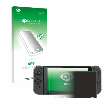 Parte frontale di una confezione del prodotto con il logo del marchio upscreen. Accanto è raffigurato il dispositivo Nintendo