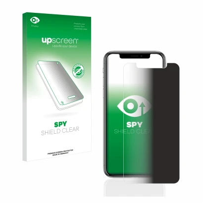 Parte frontale di una confezione del prodotto con il logo del marchio upscreen. Accanto è raffigurato il dispositivo Apple iPh