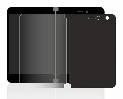 Immagine del dispositivo Microsoft Surface Duo con un'ampia varietà di protezioni per lo schermo.