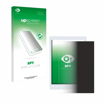 Parte frontale di una confezione del prodotto con il logo del marchio upscreen. Accanto è raffigurato il dispositivo reMarkabl