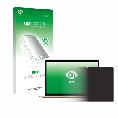 Parte frontale di una confezione del prodotto con il logo del marchio upscreen. Accanto è raffigurato il dispositivo Apple Mac