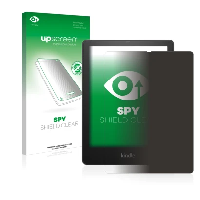 Parte frontale di una confezione del prodotto con il logo del marchio upscreen. Accanto è raffigurato il dispositivo Amazon Ki