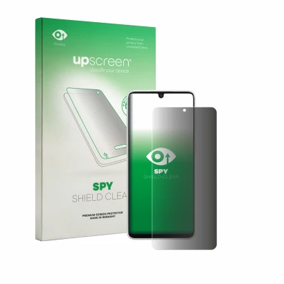 Parte frontale di una confezione del prodotto con il logo del marchio upscreen. Accanto è raffigurato il dispositivo Samsung G