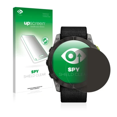 Parte frontale di una confezione del prodotto con il logo del marchio upscreen. Accanto è raffigurato il dispositivo Garmin En