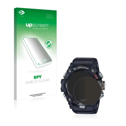 Parte frontale di una confezione del prodotto con il logo del marchio upscreen. Accanto è raffigurato il dispositivo Casio G-S