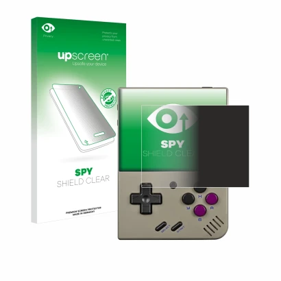 Parte frontale di una confezione del prodotto con il logo del marchio upscreen. Accanto è raffigurato il dispositivo Miyoo Min