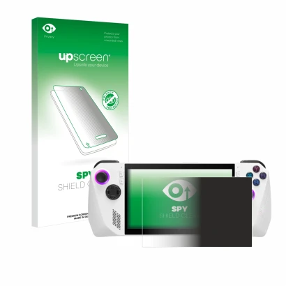 Parte frontale di una confezione del prodotto con il logo del marchio upscreen. Accanto è raffigurato il dispositivo ASUS ROG 