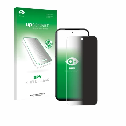 Parte frontale di una confezione del prodotto con il logo del marchio upscreen. Accanto è raffigurato il dispositivo Fairphone