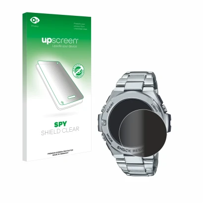 Parte frontale di una confezione del prodotto con il logo del marchio upscreen. Accanto è raffigurato il dispositivo Casio G-S