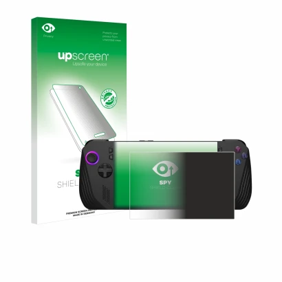 Parte frontale di una confezione del prodotto con il logo del marchio upscreen. Accanto è raffigurato il dispositivo ASUS ROG