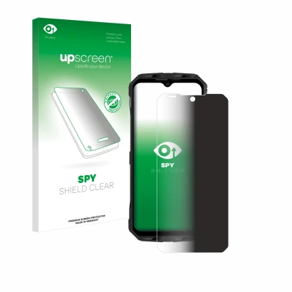 Parte frontale di una confezione del prodotto con il logo del marchio upscreen. Accanto è raffigurato il dispositivo Doogee V