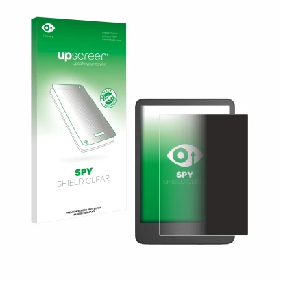 Parte frontale di una confezione del prodotto con il logo del marchio upscreen. Accanto è raffigurato il dispositivo Amazon Ki