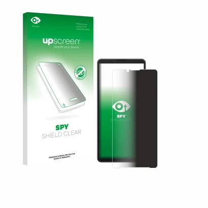 Parte frontale di una confezione del prodotto con il logo del marchio upscreen. Accanto è raffigurato il dispositivo Sony Xper