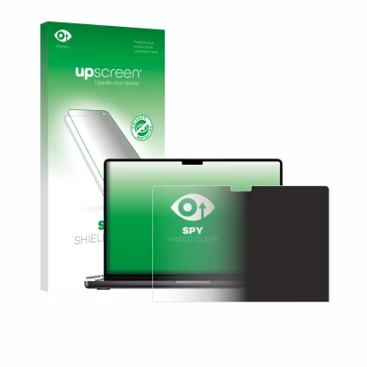 Parte frontale di una confezione del prodotto con il logo del marchio upscreen. Accanto è raffigurato il dispositivo Apple Mac