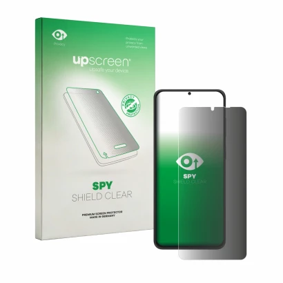 Parte frontale di una confezione del prodotto con il logo del marchio upscreen. Accanto è raffigurato il dispositivo Neow Safe
