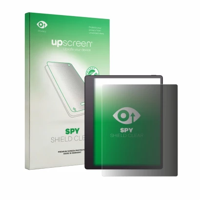 Parte frontale di una confezione del prodotto con il logo del marchio upscreen. Accanto è raffigurato il dispositivo Boox Note