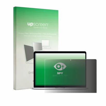 Parte frontale di una confezione del prodotto con il logo del marchio upscreen. Accanto è raffigurato il dispositivo Apple Mac