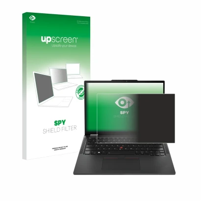 Parte frontale di una confezione del prodotto con il logo del marchio upscreen. Accanto è raffigurato il dispositivo Lenovo Th