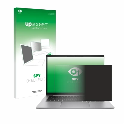 Parte frontale di una confezione del prodotto con il logo del marchio upscreen. Accanto è raffigurato il dispositivo HP Zbook 